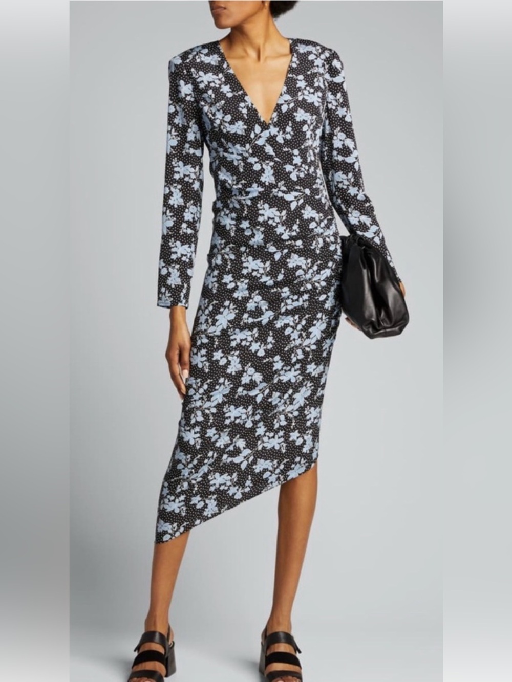 NWT SZ 14 Veronica Beard Chana Blue & Black Floral Silk Ruched Dress